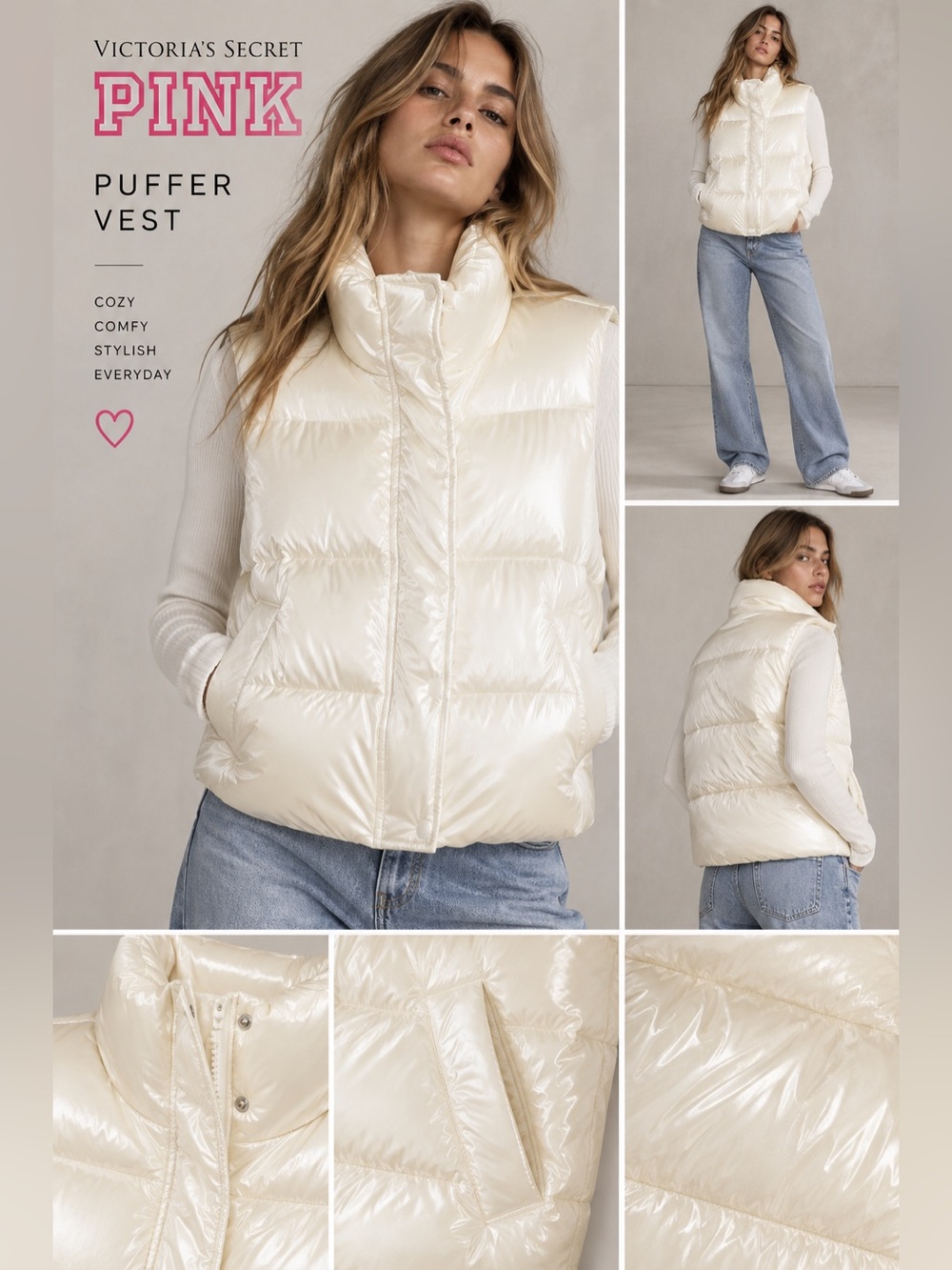 Victoria’s Secret PINK Glossy Puffer Vest sz XL ivory NWT